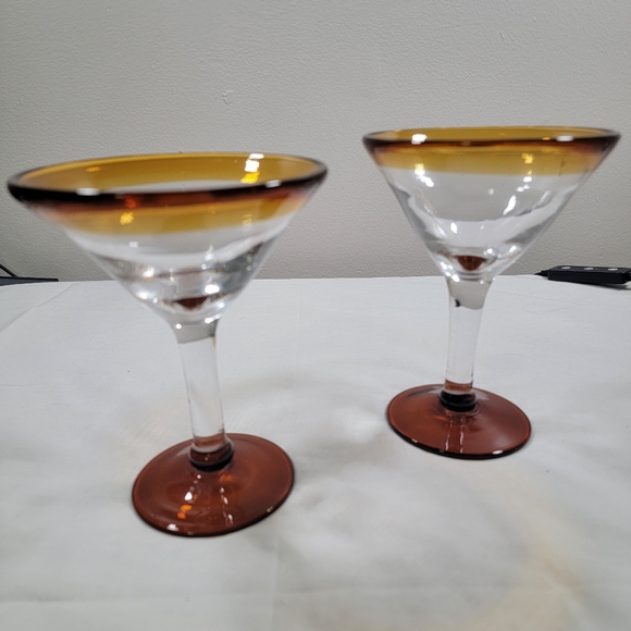 Set Of 2 Mexican Hand Blown Amber Clear Glass 6" tall Margherita Martini - Picture 2 of 7